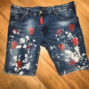 Mario Morato Denim Jeans Shorts Size 38 Skinny‎ Fit Skulls Paint Splatter